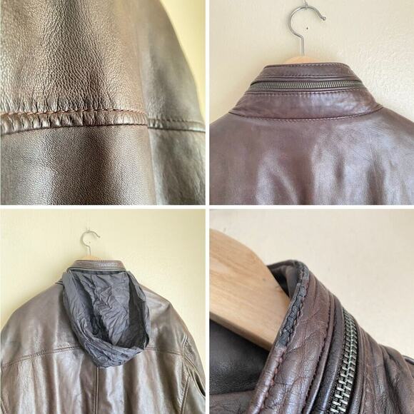 BH Vintage XXL Leather Men's Coat Brown Collar Hood Pockets Snaps And Zipper - Picture 7 of 8